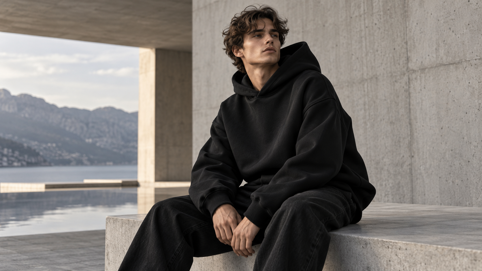 Model mit schwarzem Premium Heavyweight Hoodie