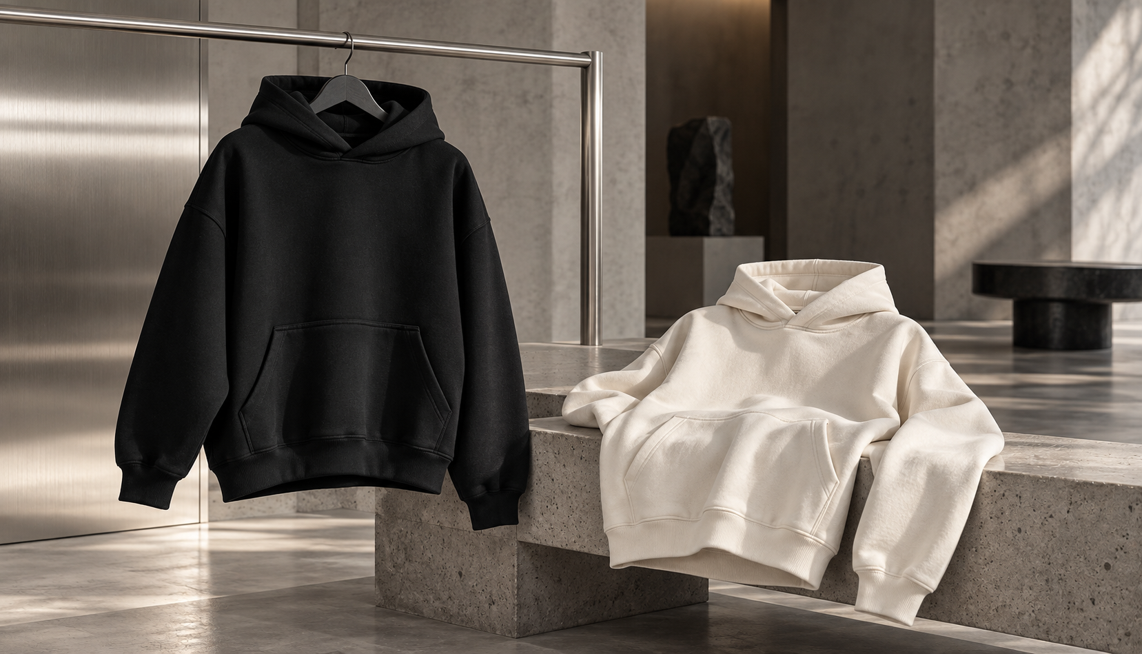 Schwarzer und heller Premium Hoodie im Showroom