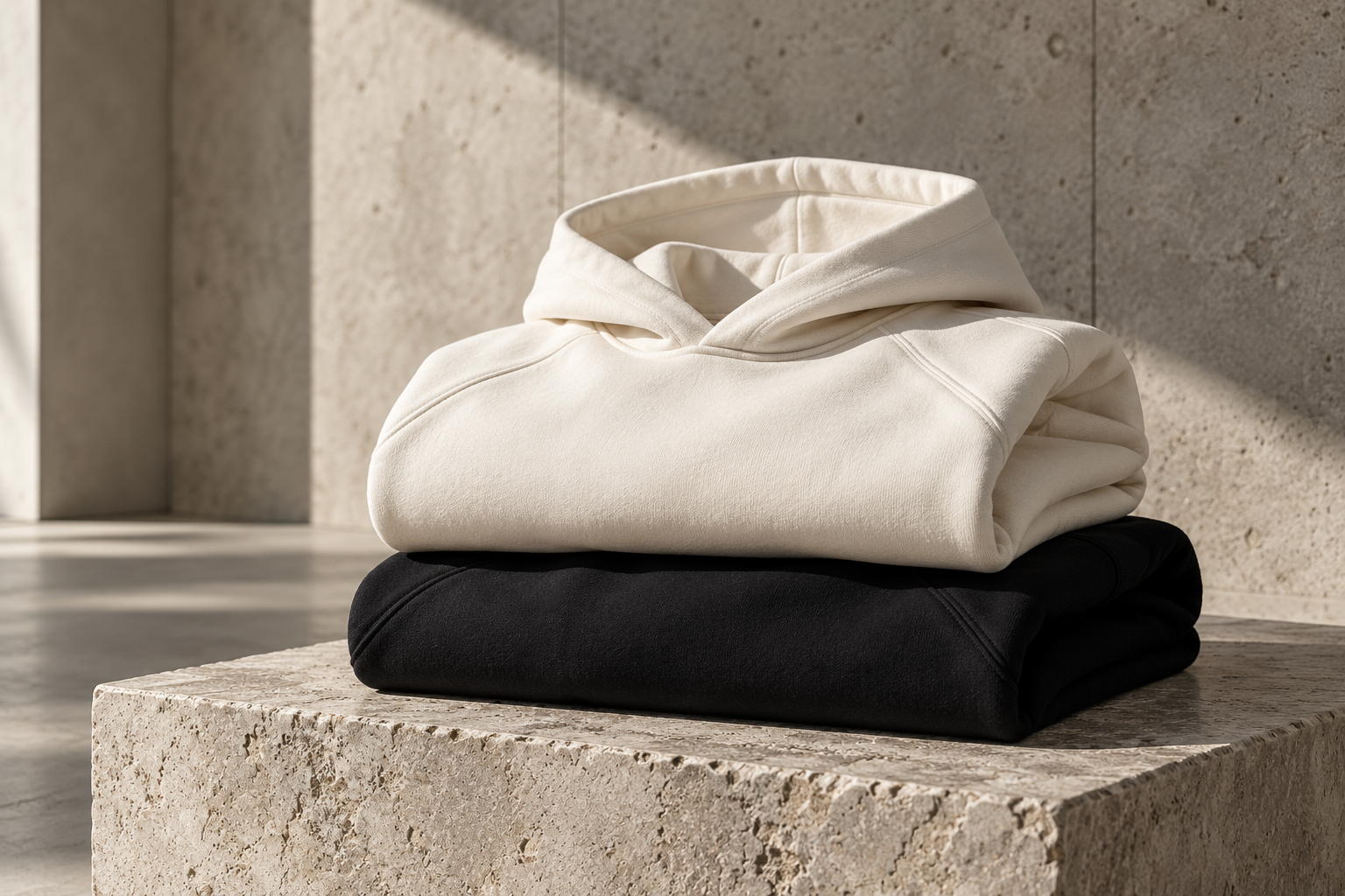 Premium Hoodies auf Steinpodest